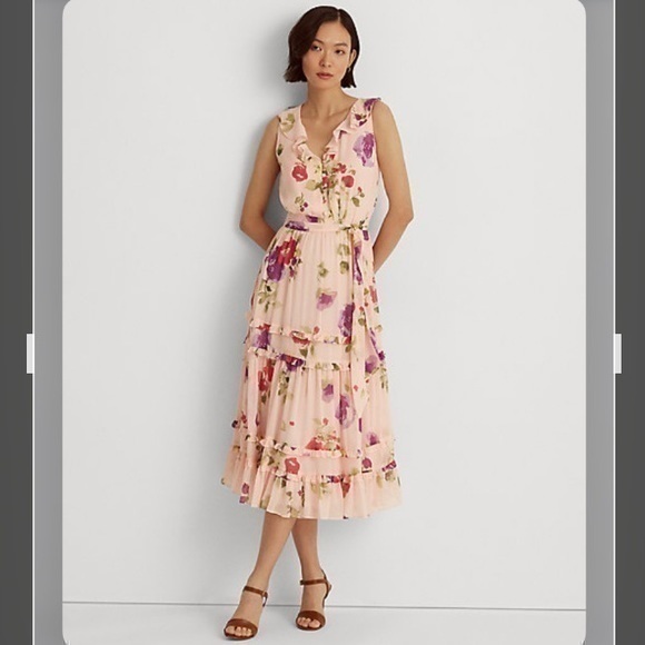 Lauren Ralph Lauren Dresses & Skirts - Lauren Ralph Lauren Floral Crinkled Georgette Dress in Pink/Sage/Multi